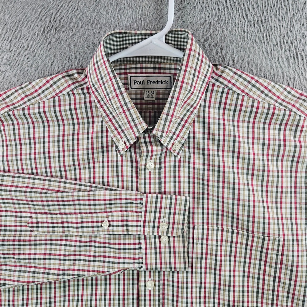 Paul Fredrick Mens 16-34 Slim Fit Non-Iron Cotton Check Dress Shirt Red‎ Tan RB